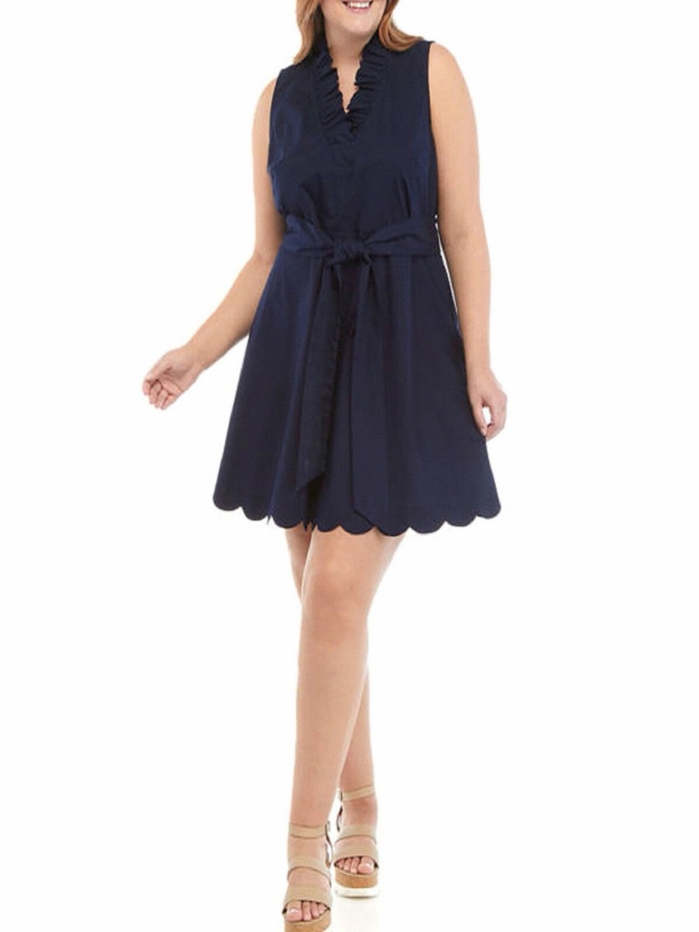 crown & ivy Navy Ruffled V-Neck Scallop-Hem Mini Dress - NWT